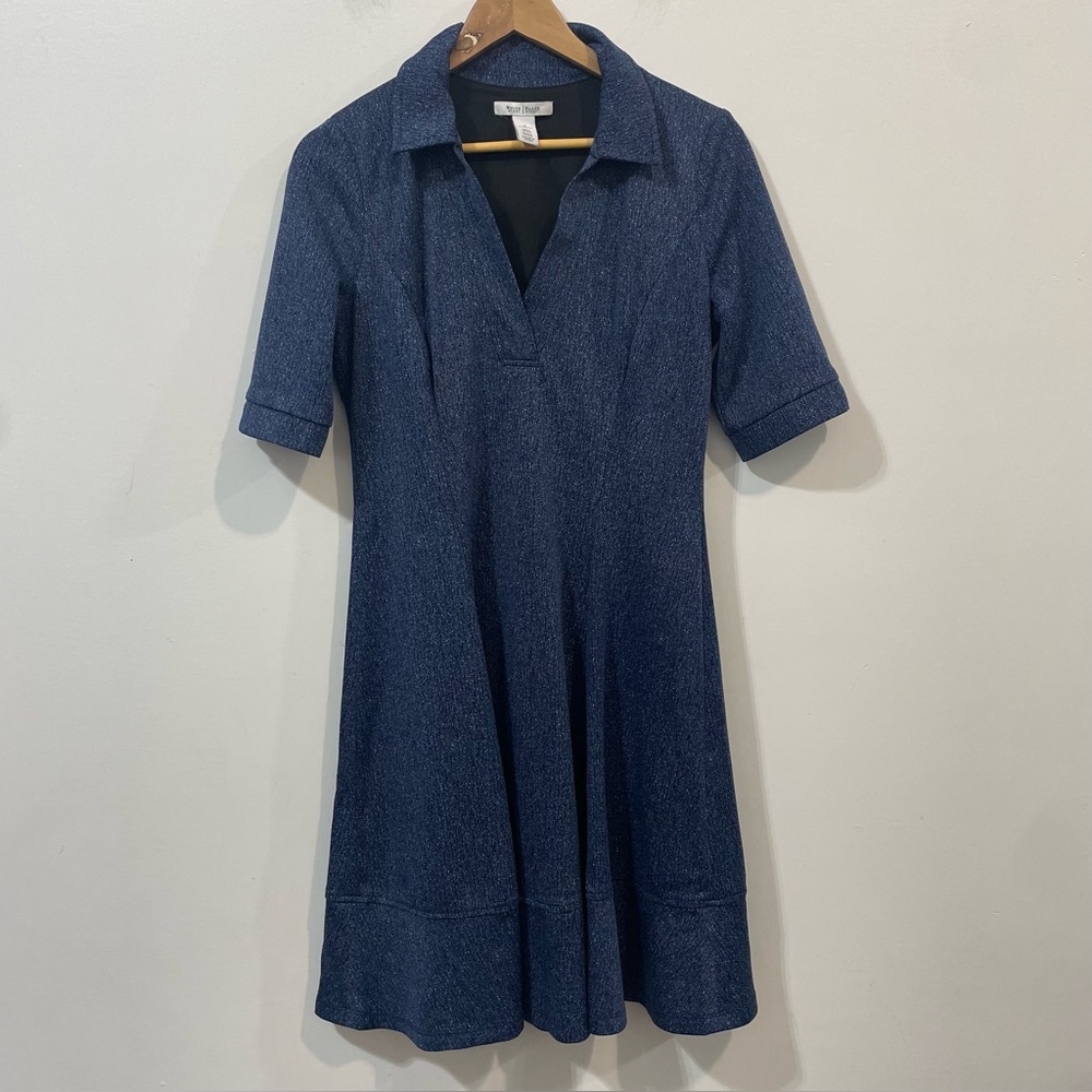 White House Black Market Nautical Preppy Minimalist Navy Midi Dress Size 10